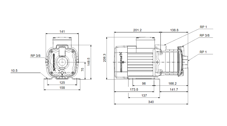 Schéma technique de la pompe Grundfos CM3-5